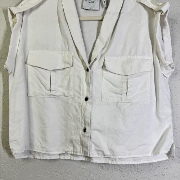 L'ACADEMIE Top Medium Safari Crop Revolve Button Front Shoulder Epaulettes Linen - Picture 7 of 14